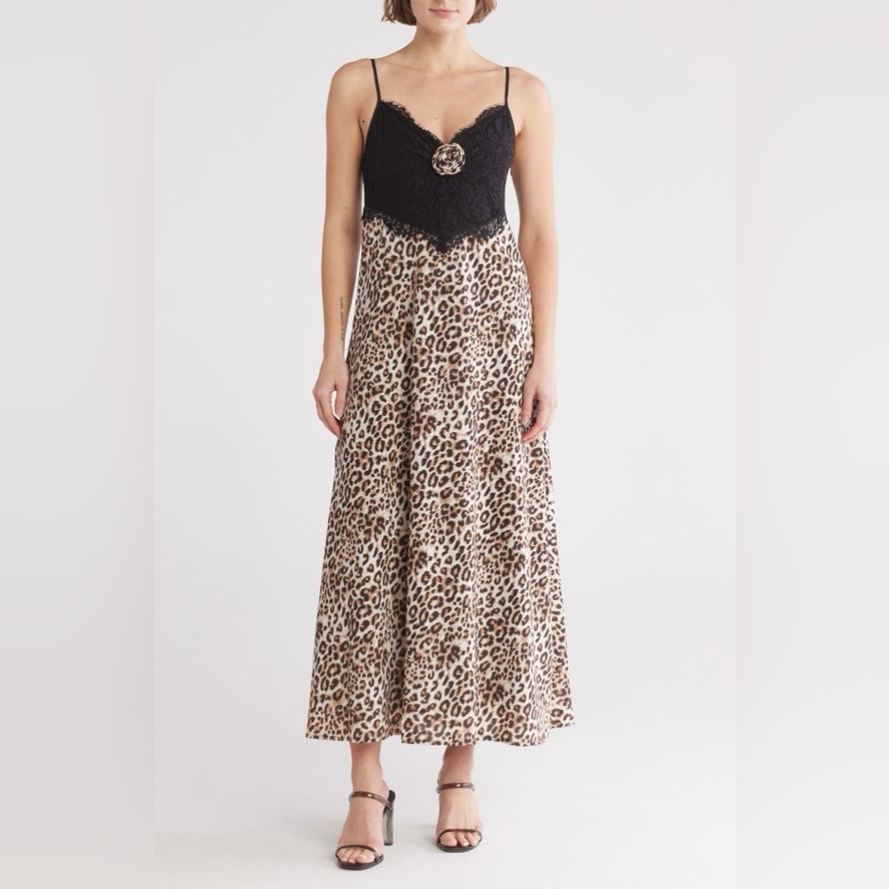 Wayf Leopard Print Lace Trim Slipdress
